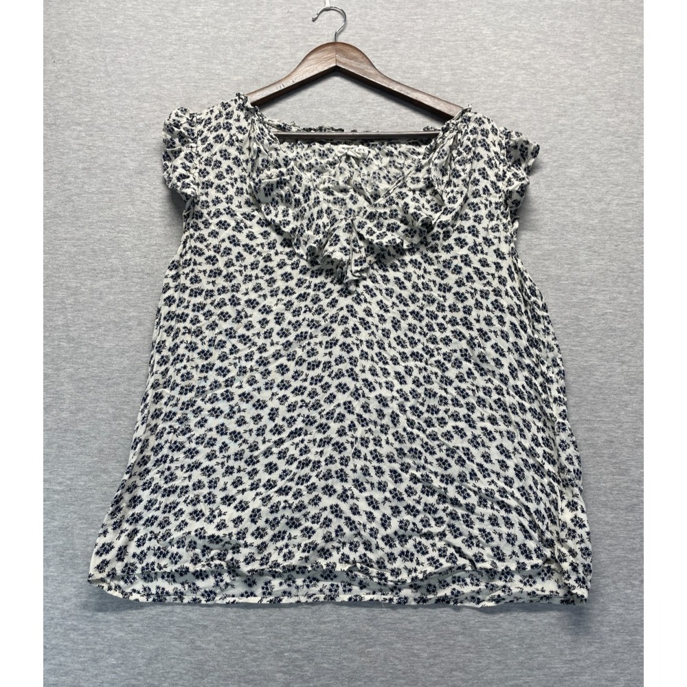 Velvet by Graham & Spencer Blouse Top Womens XL White Blue Floral Ruffle V Neck